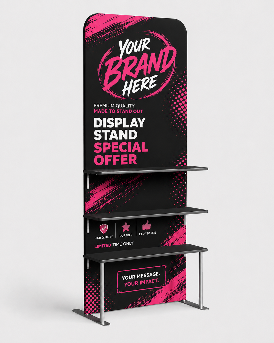 Black retail display stand with pink branding, shelves, and “Your Brand Here” promotional text