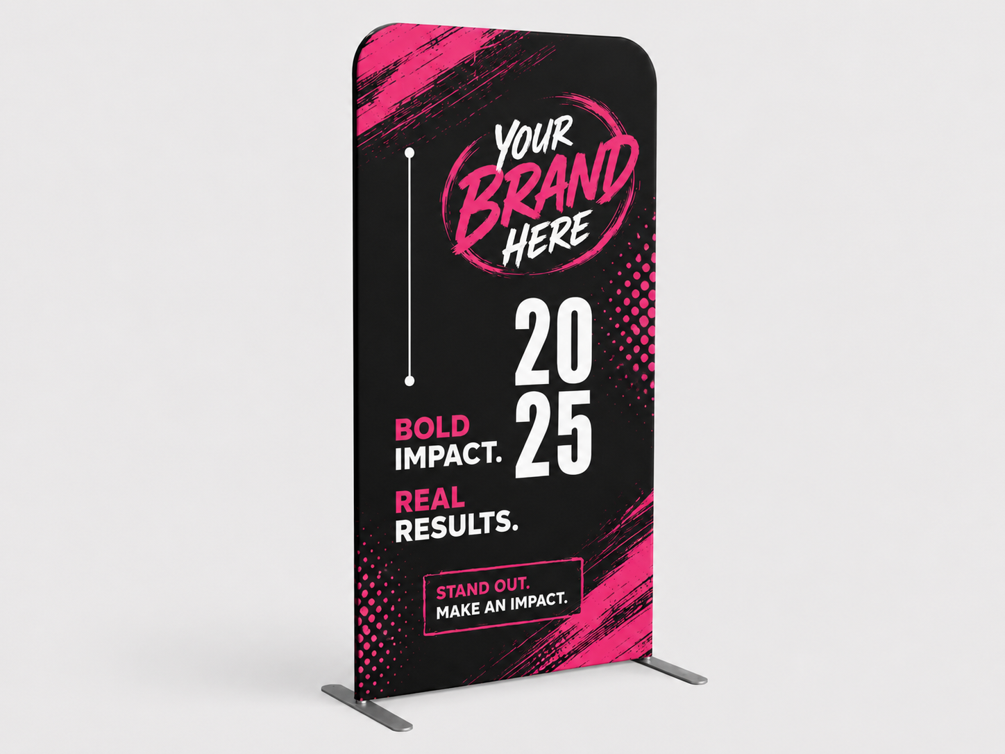 Pink-and-black 2025 branded trade show banner on a stand with “Bold impact. Real results.”