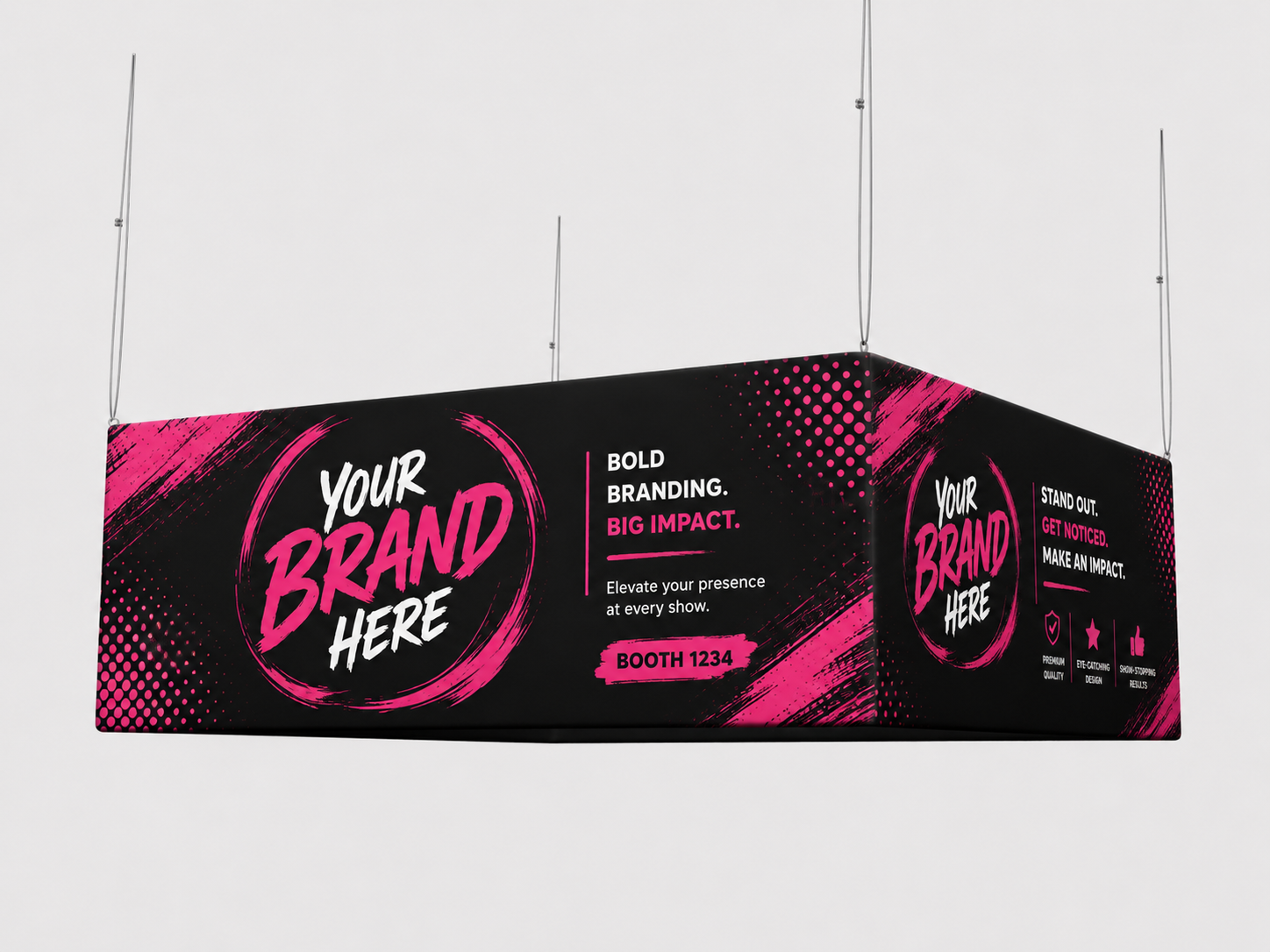 Pink and black custom exhibition booth banner with “Your Brand Here” text and hanging supports