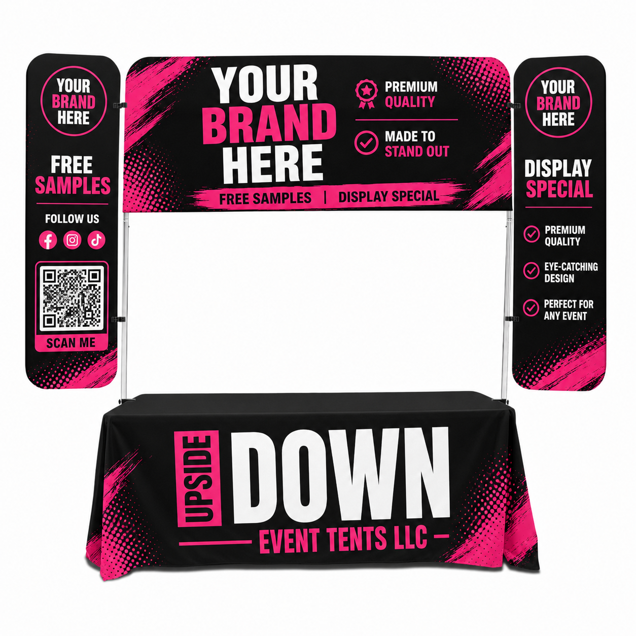 Pink-and-black event tent display with branded side panels, banner, and table cover