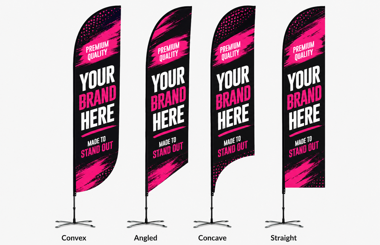 Four black-and-pink teardrop flags with “Your Brand Here” and “Sublimated” text, each labeled with a different base.