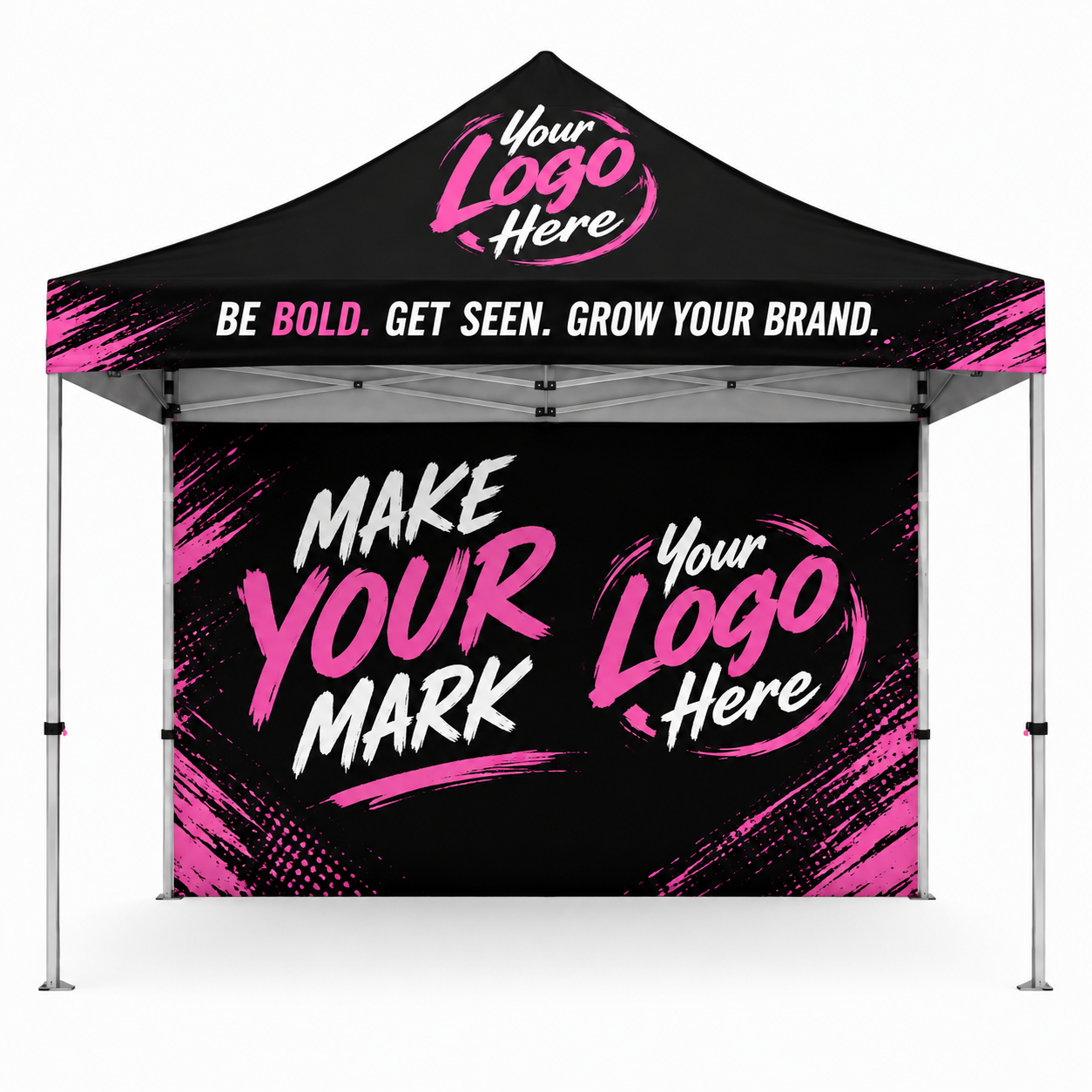 Black custom canopy tent with pink branding and banner reading “Make Your Mark Your Logo Here”