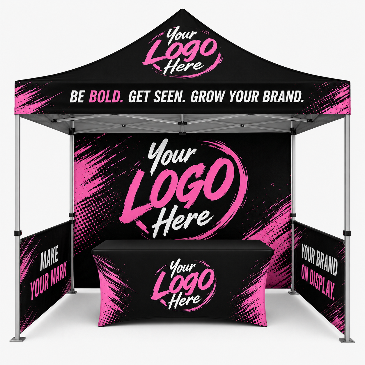 Black and pink branded pop-up tent with matching table cover and side panels reading “Your Logo Here”