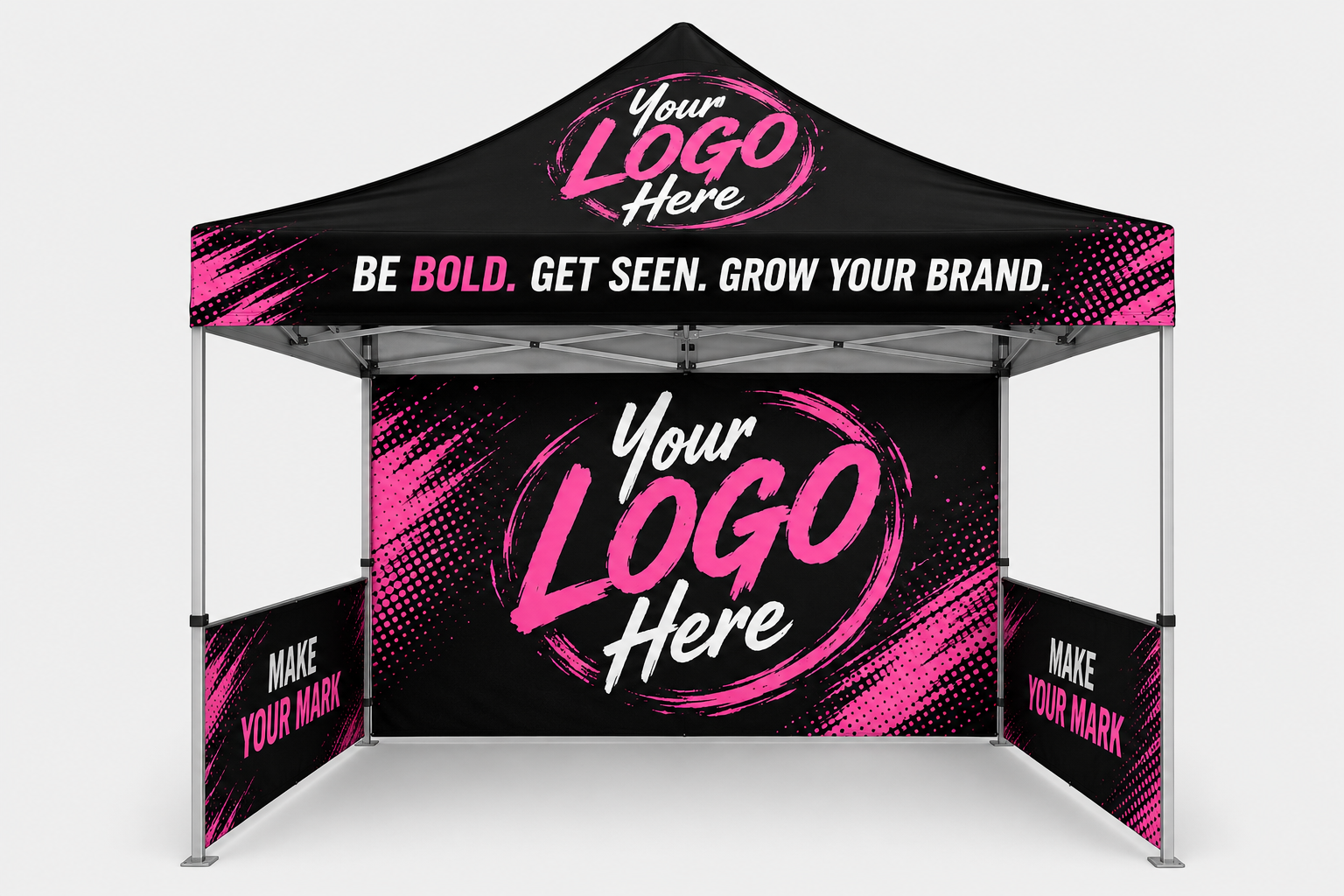 Pink-and-black trade show booth with “Your Logo Here” branding and “Be Bold, Get Seen, Grow Your Brand” banner