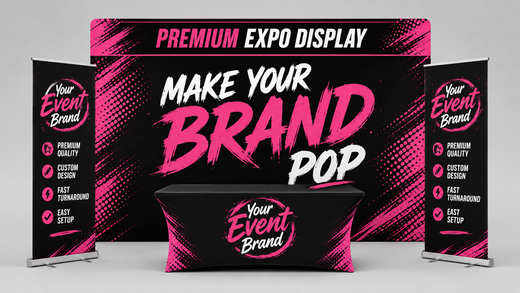 Promotional event display with pink-and-black banners reading “Make Your Brand Pop” and “Premium Expo Display”