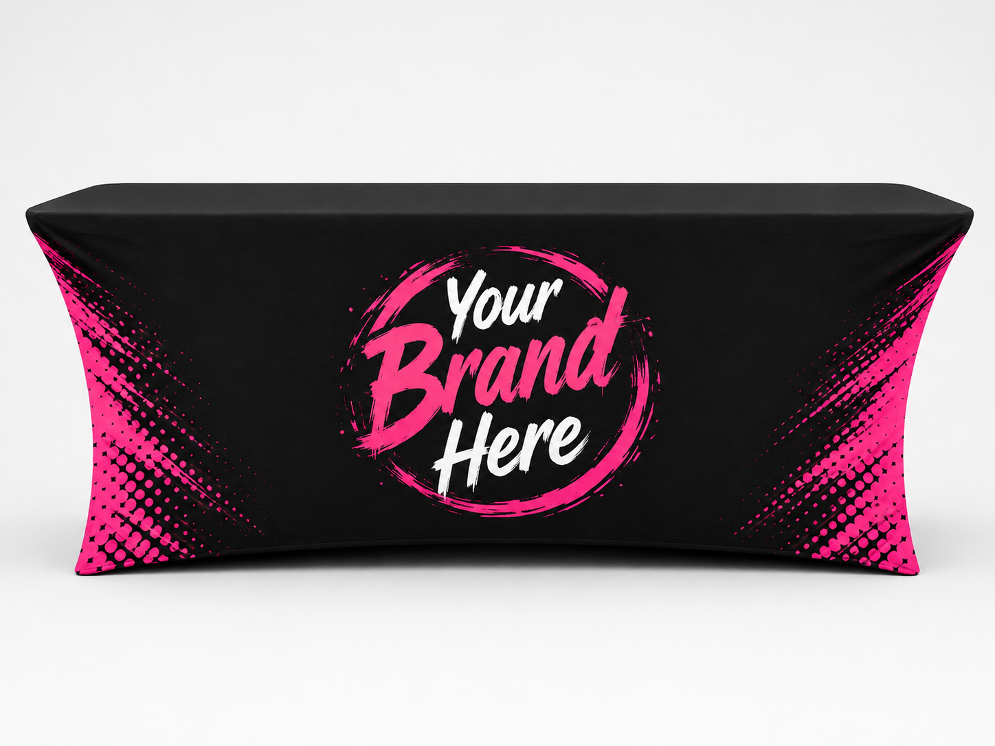 Black promotional table cover with pink accents and “Your Brand Here” text