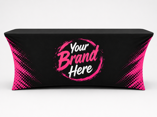 Black and pink branded display table with “Your Brand Here” centered on the front
