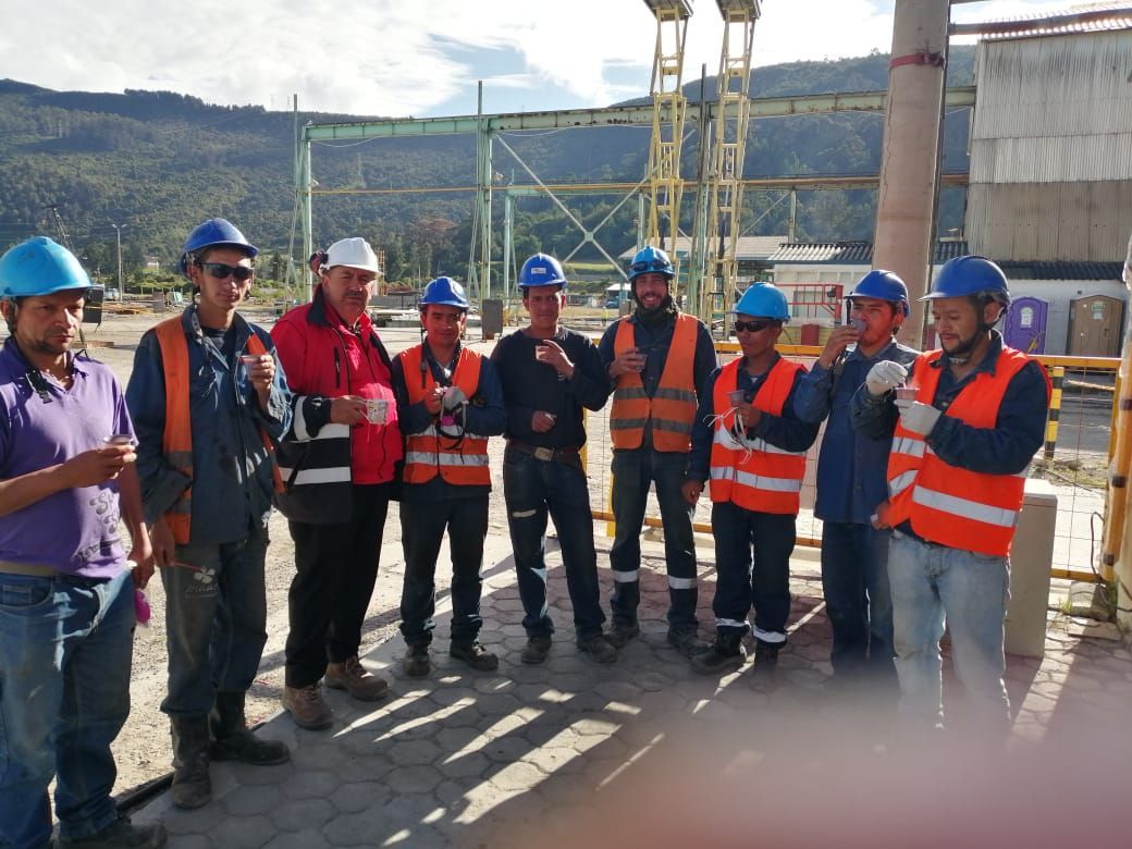 Un grupo de trabajadores de la construcción que llevan cascos y chalecos.