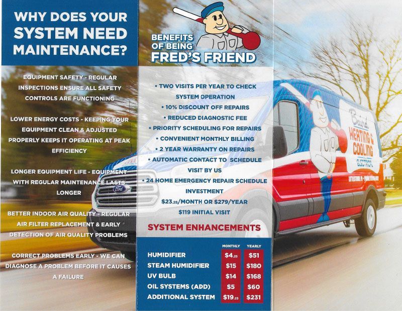 Flyer for Fred's Friend HVAC maintenance with a van and text on benefits.