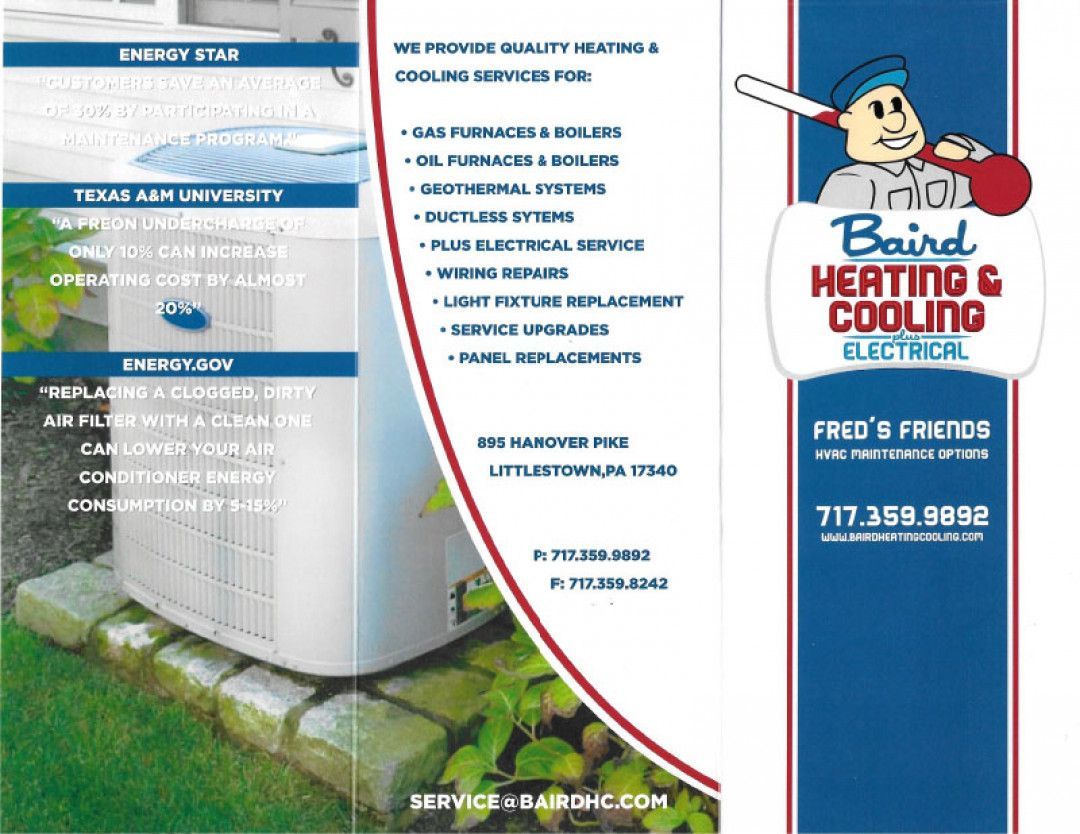 Advertisement for Baird Heating & Cooling. Shows a unit, baseball mascot, and contact info.