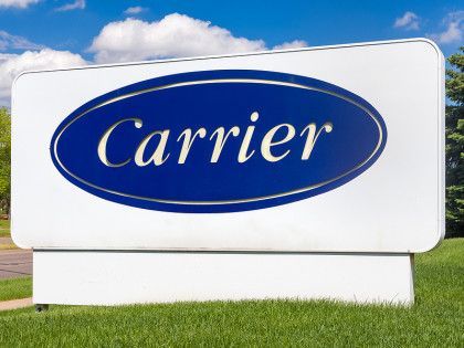 Carrier sign on a white background, with a blue oval and the word 