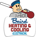 Cartoon man with thermometer, Baird Heating & Cooling plus Electrical logo.