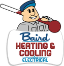 Cartoon man with thermometer, Baird Heating & Cooling plus Electrical logo.