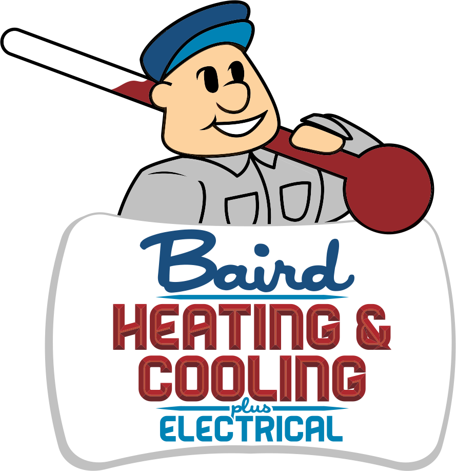 Cartoon man with thermometer, Baird Heating & Cooling plus Electrical logo.