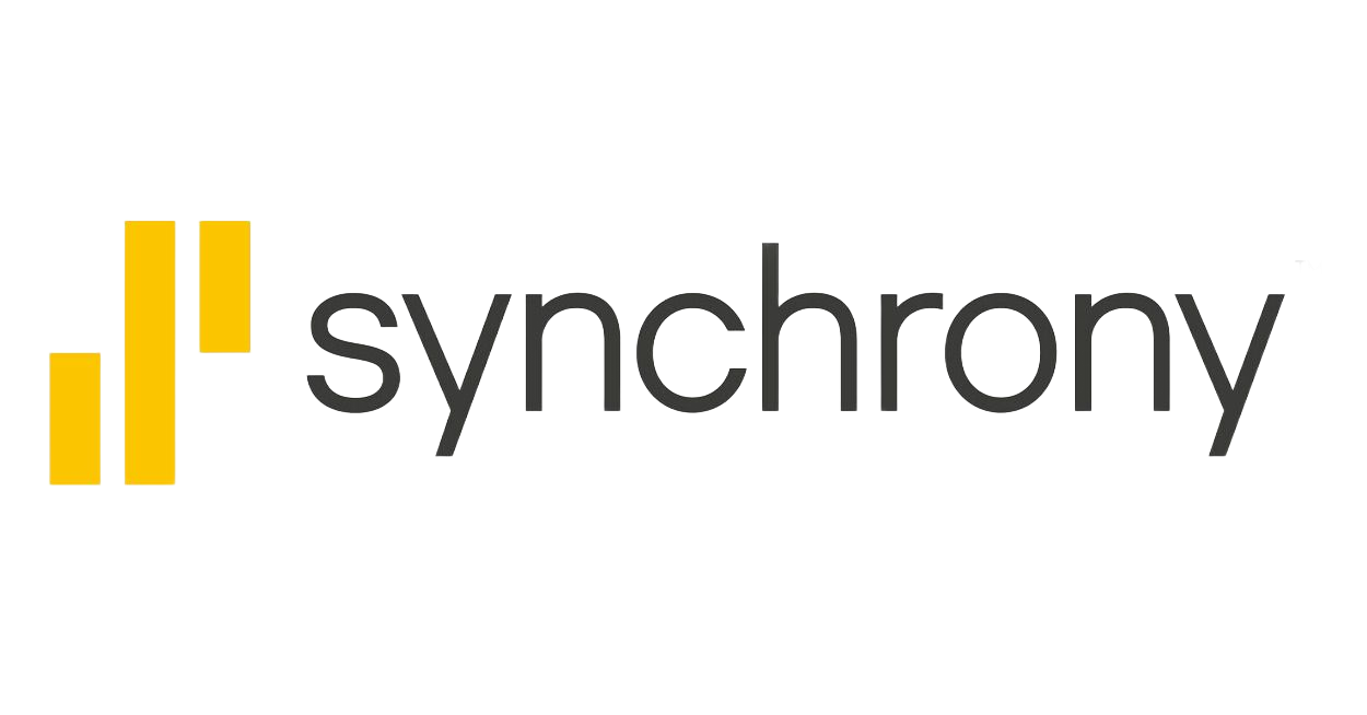 Logo for Synchrony: yellow bars icon next to the word 