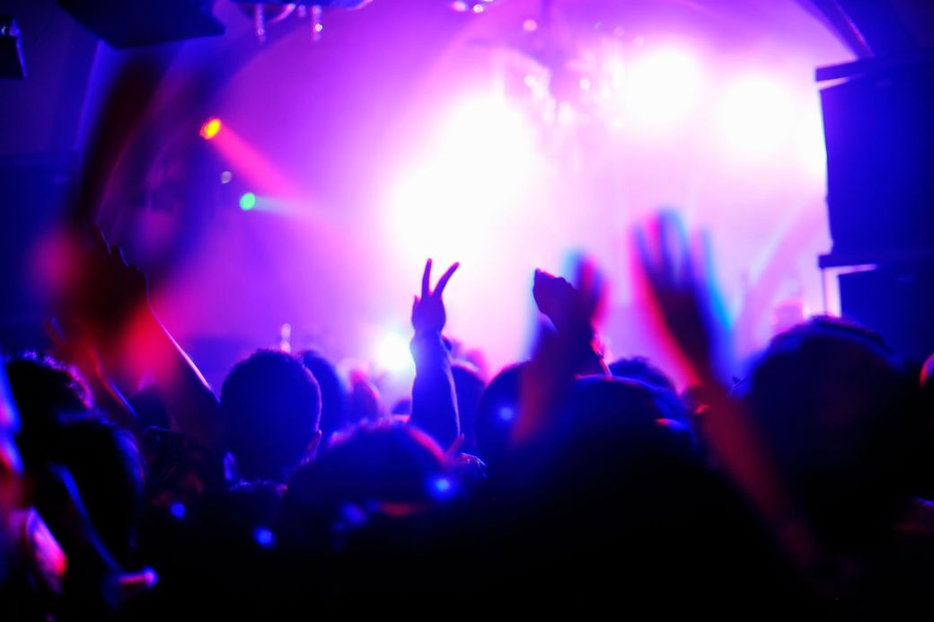 Una folla di persone a un concerto con le mani alzate