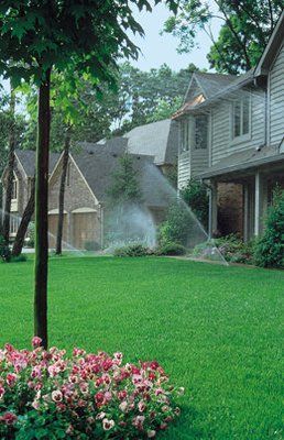 A sprinkler is spraying water on a lush green lawn in front of a house.