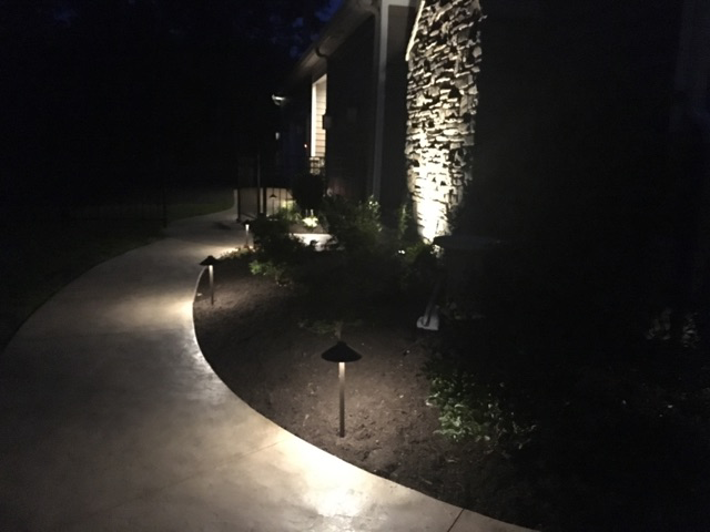 A walkway is lit up at night in front of a house