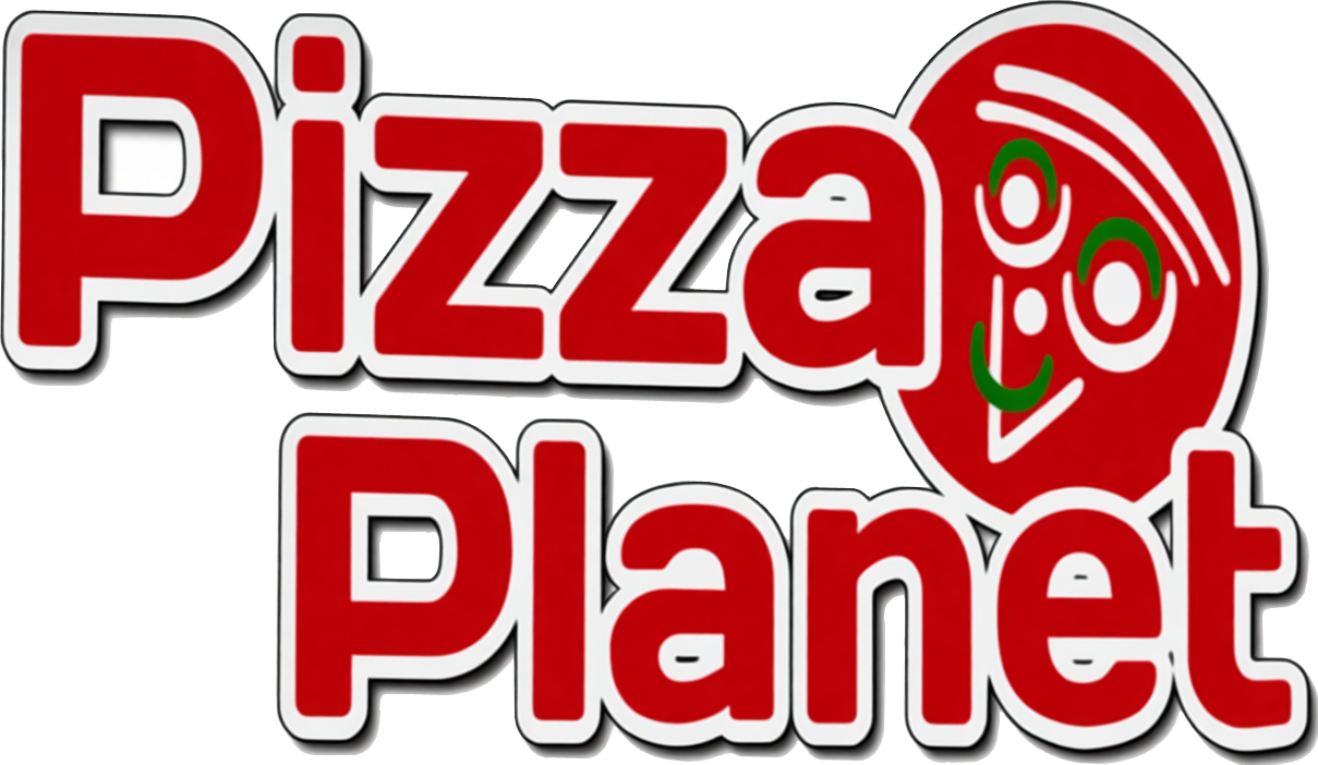 Logo di Pizza Planet con testo rosso e grafica di un pianeta rosso raffigurante una fetta di pizza sorridente.