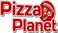 Logo di Pizza Planet con testo rosso e grafica di un pianeta rosso raffigurante una fetta di pizza sorridente.