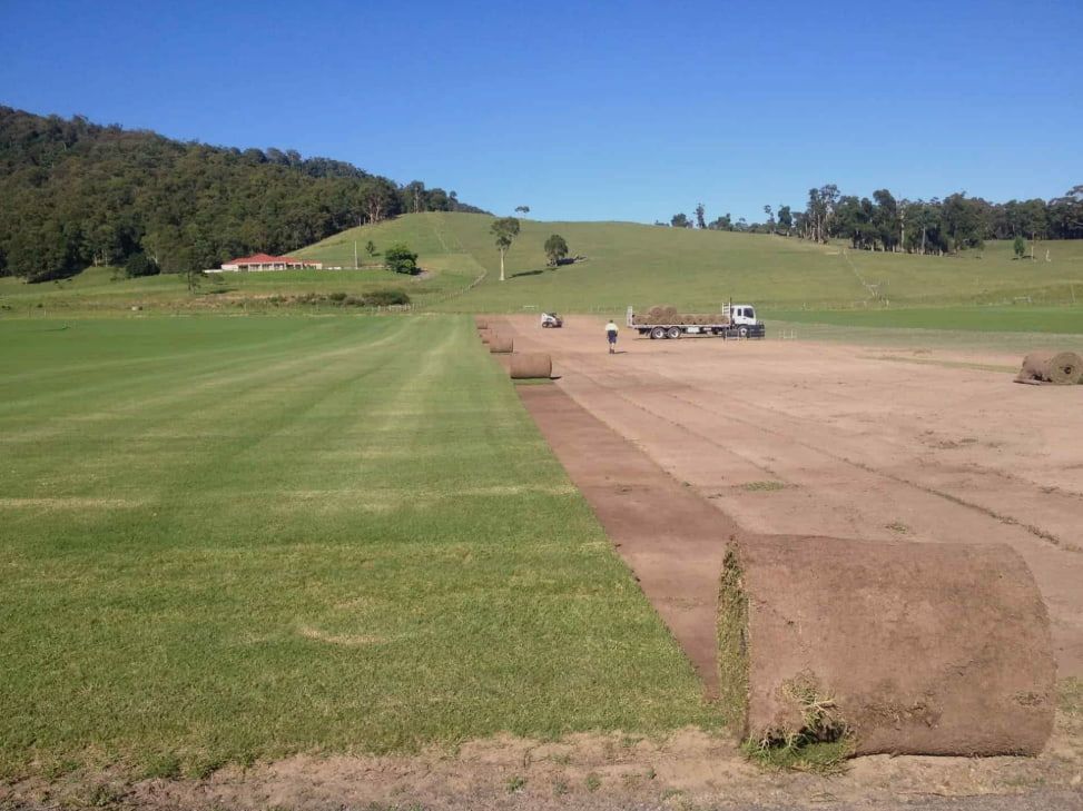 Rolls of Grass Are Being Rolled Out in a Field — Ryans Turf in Ulladulla, NSW