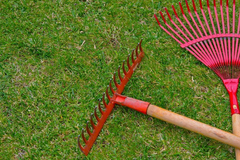 Red garden rakes on the grass in the summer — Mulch in Kiama, NSW