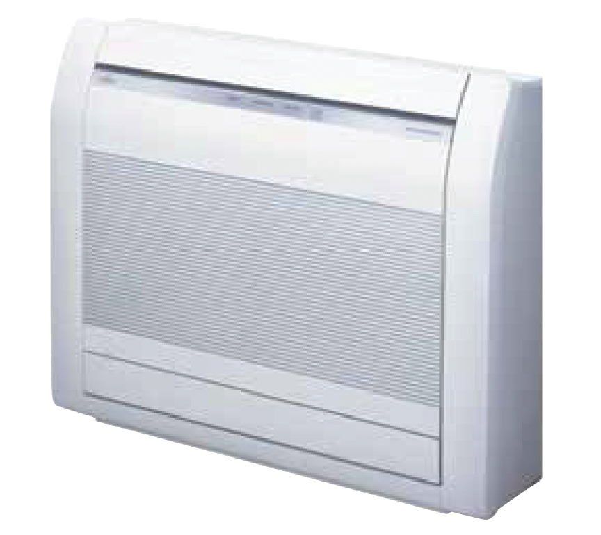 A white air conditioner is sitting on a white surface.