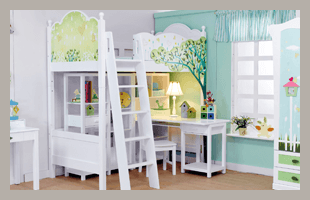 Children’s bedroom with white furniture and green walls