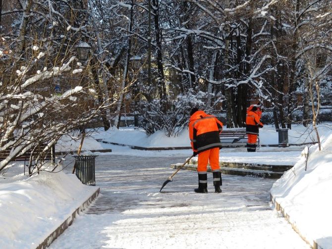 Workers in bright orange clear snow from a park path with shovels, surrounded by snow-covered trees.