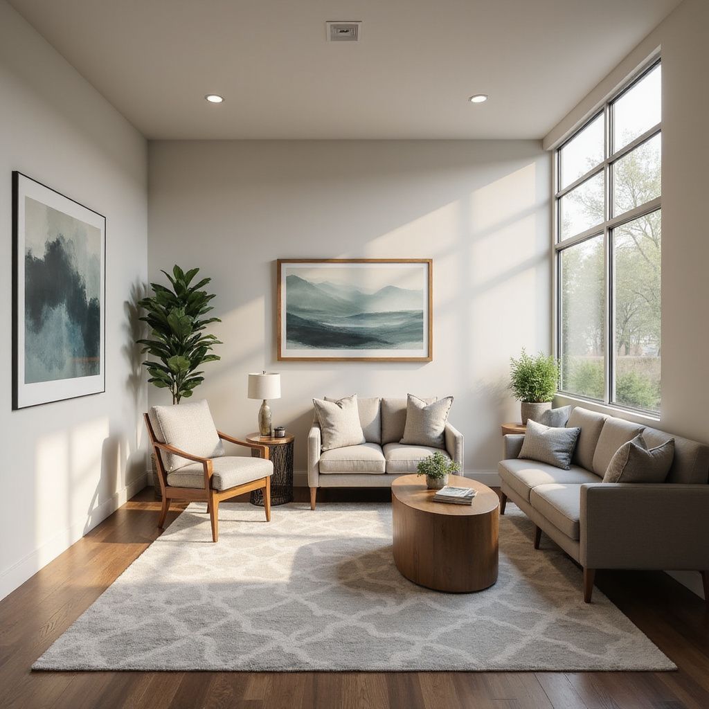 Living room with a sofa, chairs, and art, lit by a large window. Neutral tones and wood flooring.