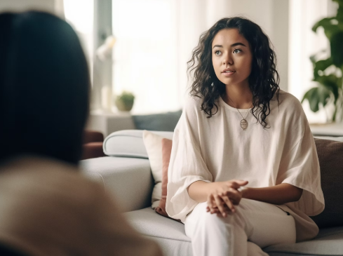 Woman in therapy, talking to a person out of frame, sitting on a couch. Neutral setting, natural light.
