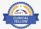 AAMFT Clinical Fellow seal: blue ribbon with text, white circle, gold wreath, and rainbow arch.