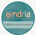 Badge for EMDR Certified Therapist, with teal and peach colors.