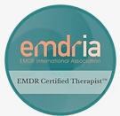 Badge for EMDR Certified Therapist, with teal and peach colors.