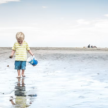 Boy in yellow shirt and blue shorts walks on wet sand, holding a blue bucket at the beach.