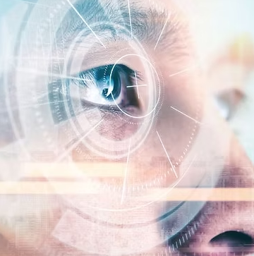 Eye with overlaid futuristic digital interface elements.
