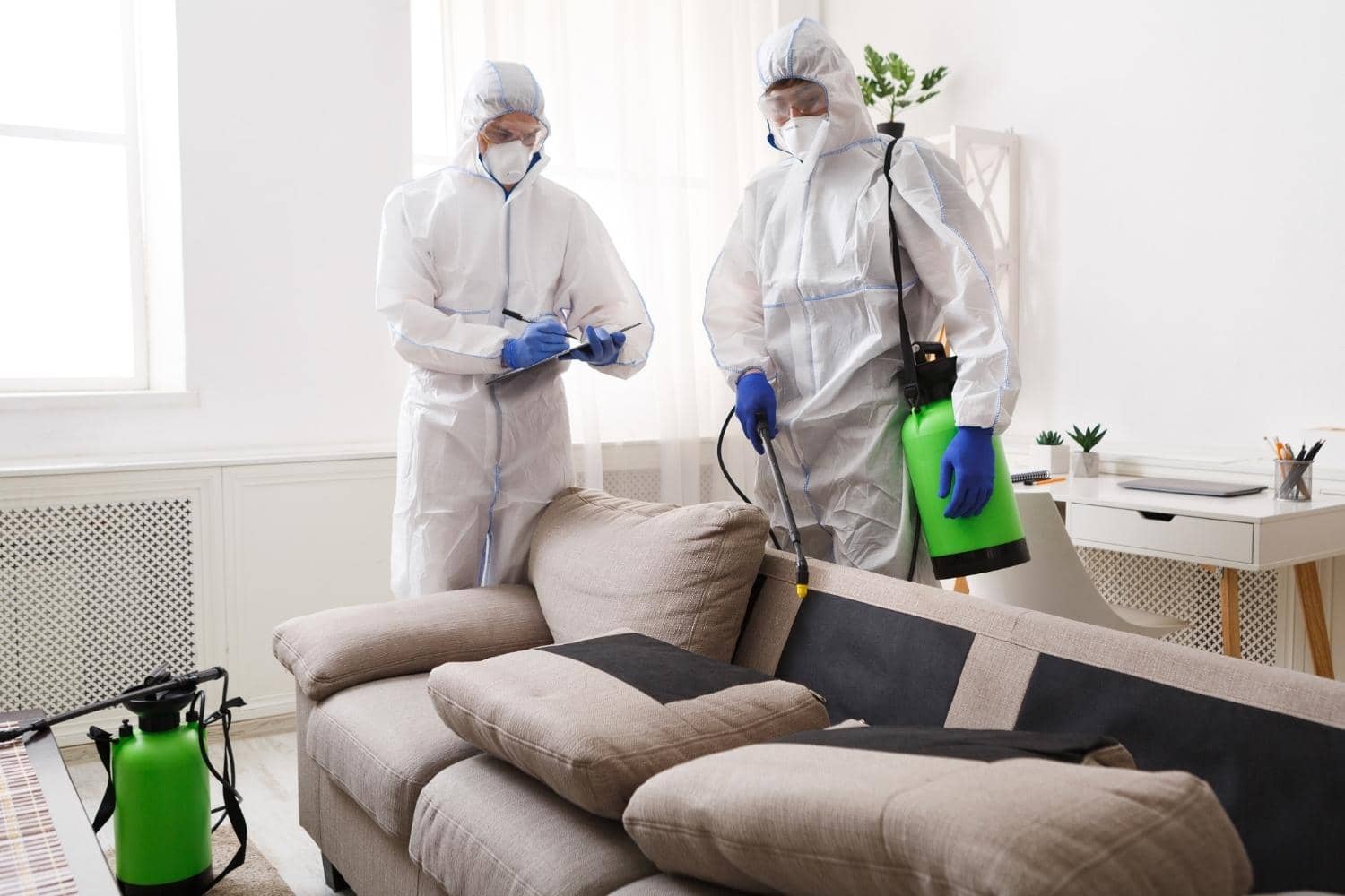 Two men in protective suits are disinfecting a living room.