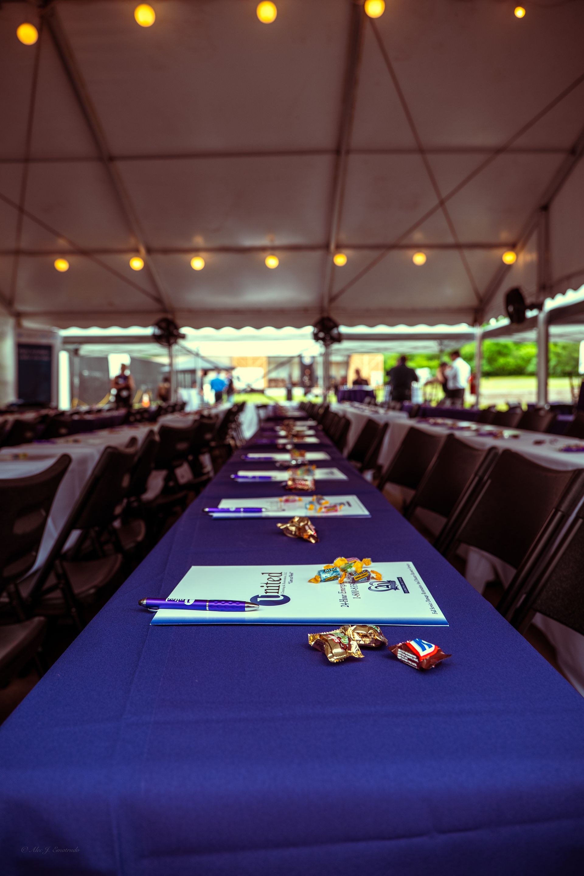 A long table with a blue table cloth and chairs under a tent.