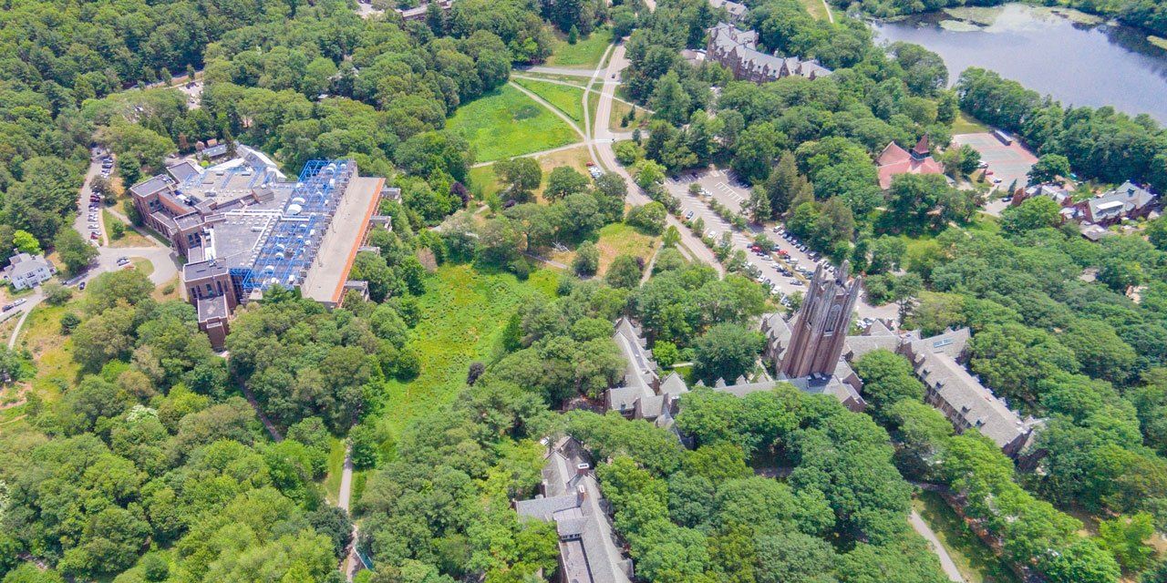 An aerial view of a city surrounded by trees and buildings.