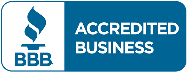 A blue and white sign that says accredited business