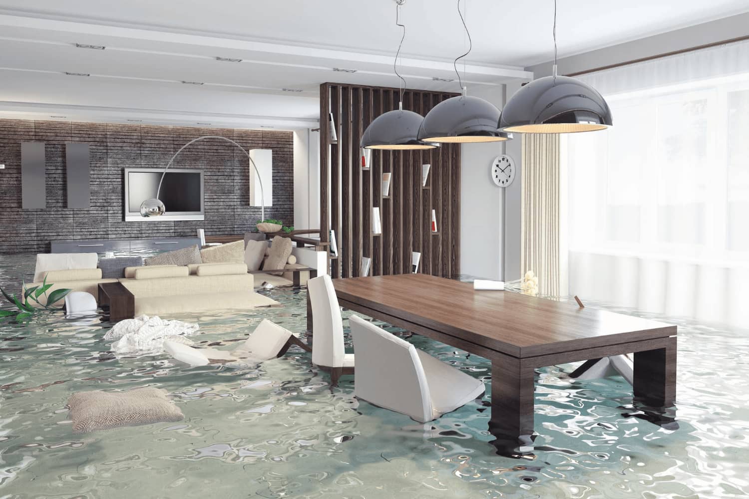 A living room with a table and chairs covered in water.