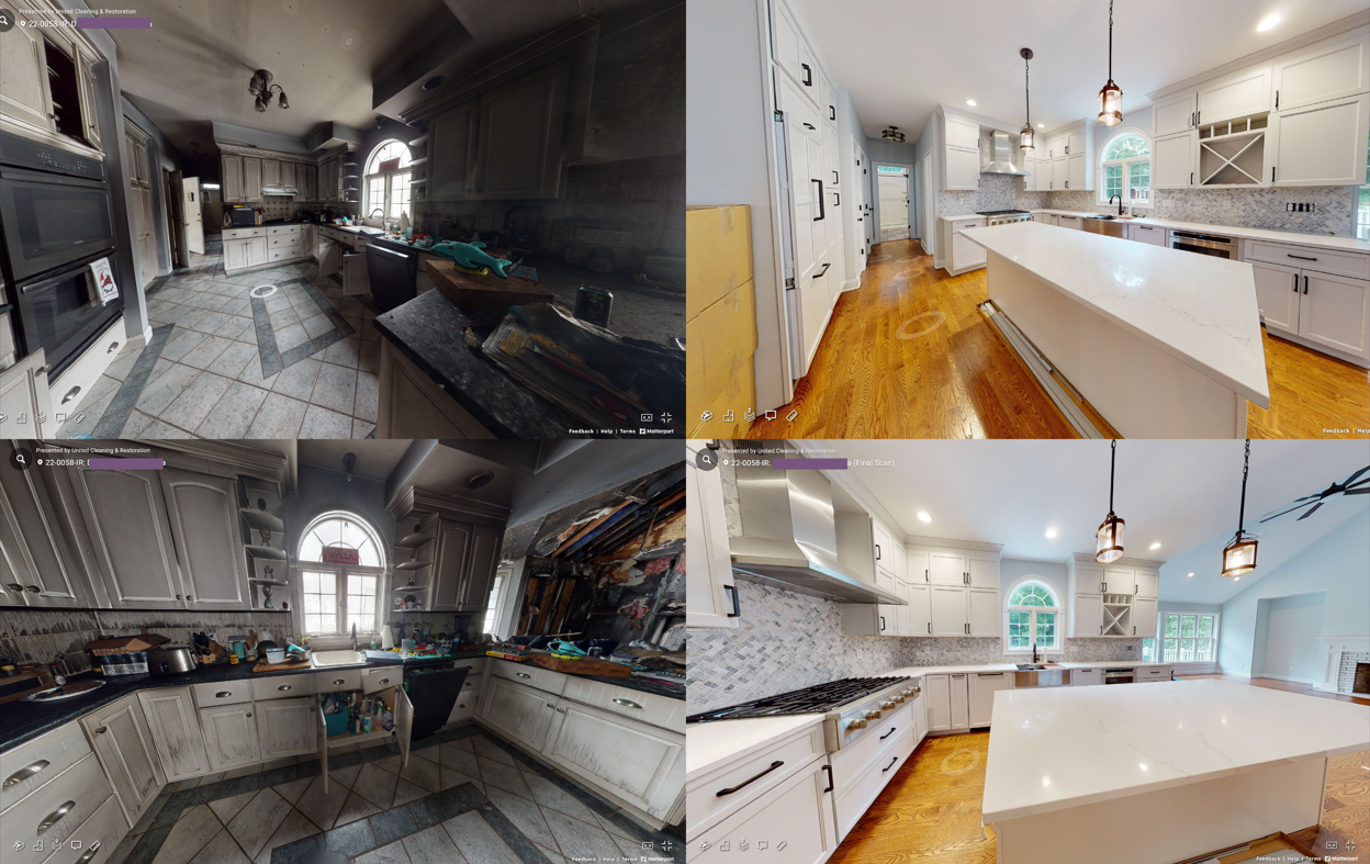 A collage of four pictures of a kitchen before and after being remodeled.