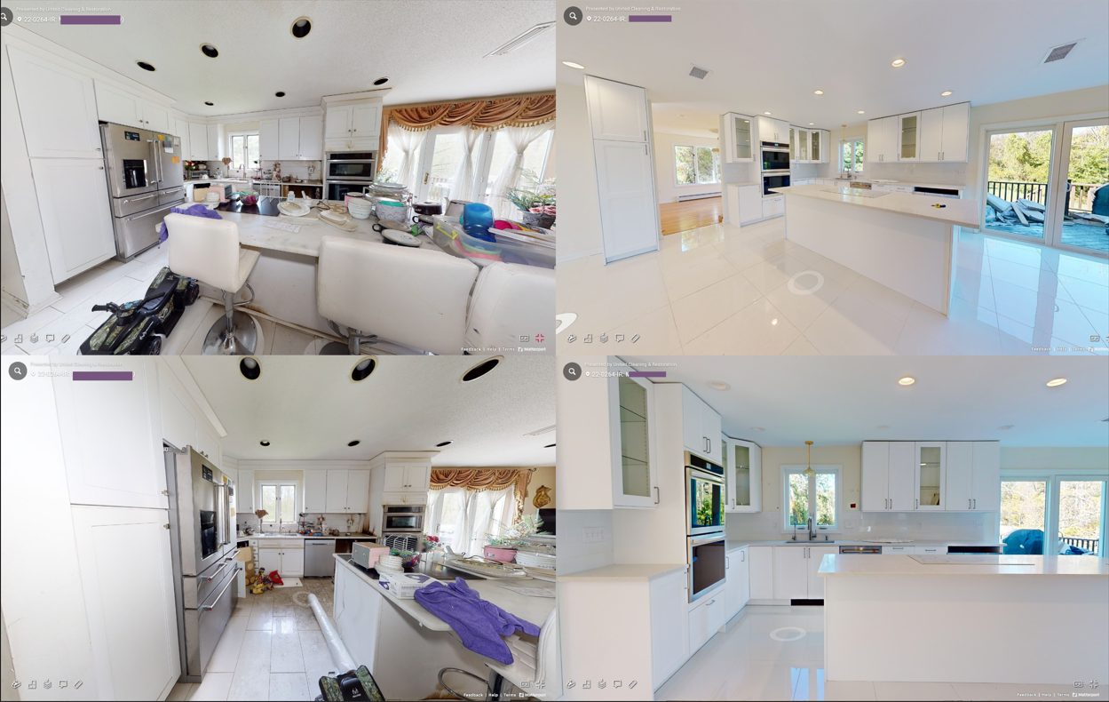 A collage of four pictures of a kitchen with white cabinets