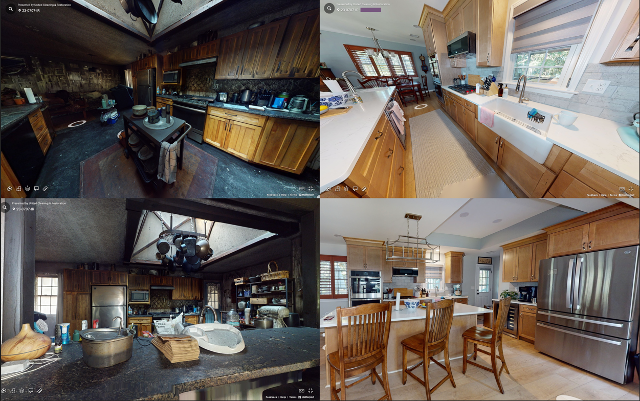A collage of four pictures of a kitchen with wooden cabinets and stainless steel appliances.