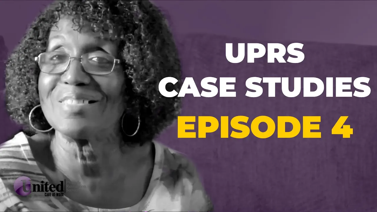 A woman wearing glasses and hoop earrings is smiling in front of a purple background that says uprs case studies episode 4
