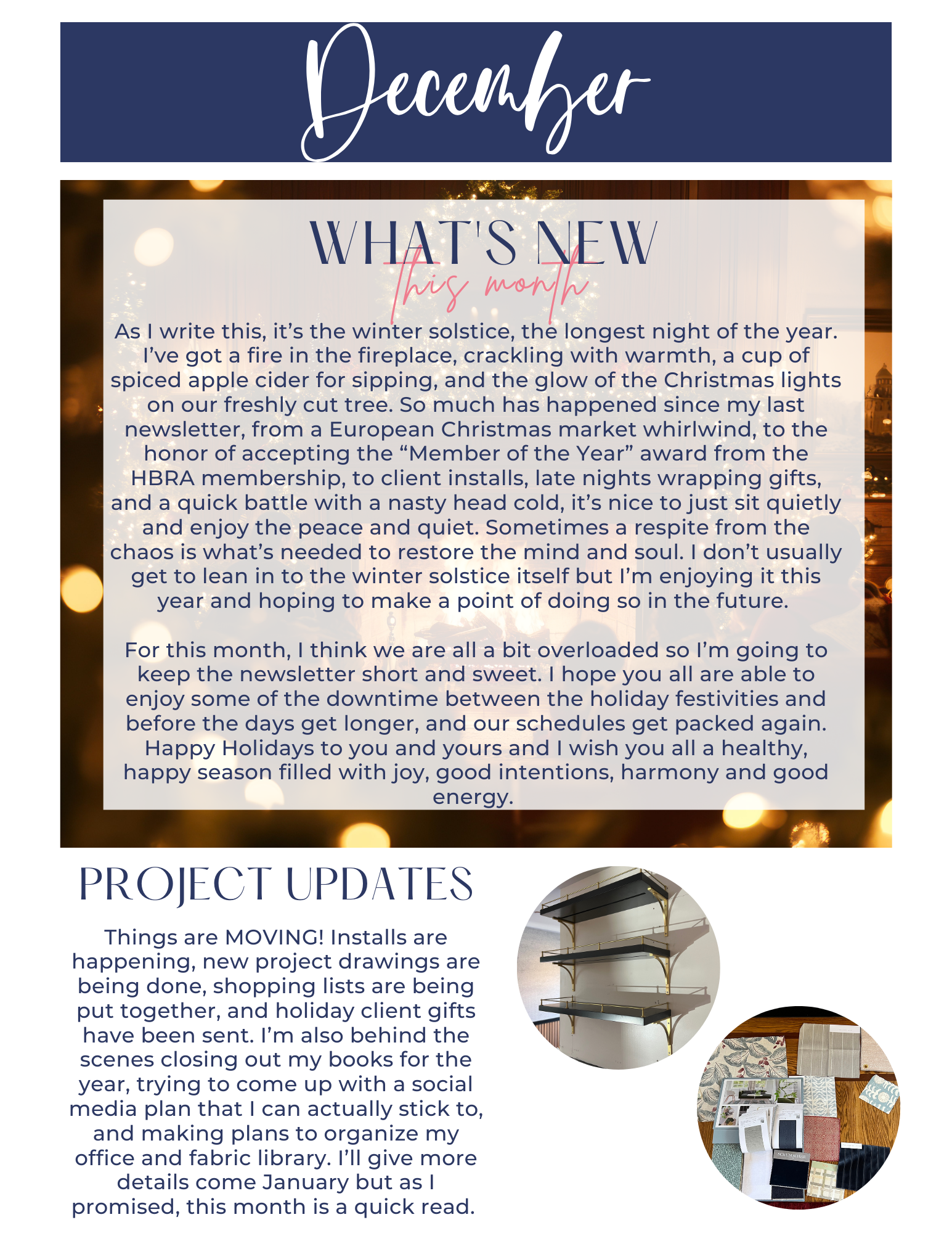 Newsletter with December headline, project updates, and shelving display.