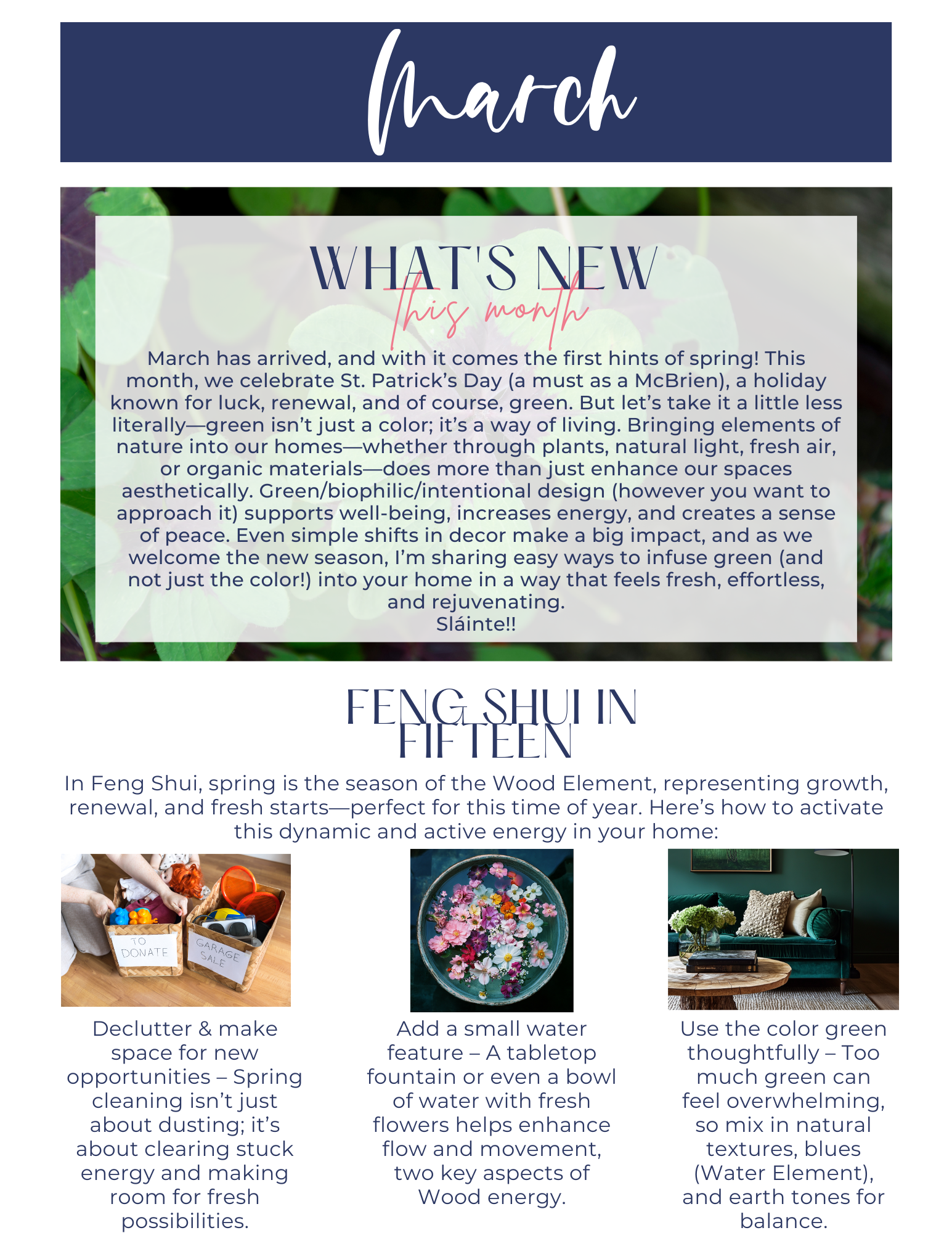 Newsletter for March with text and images on home organization and decor.