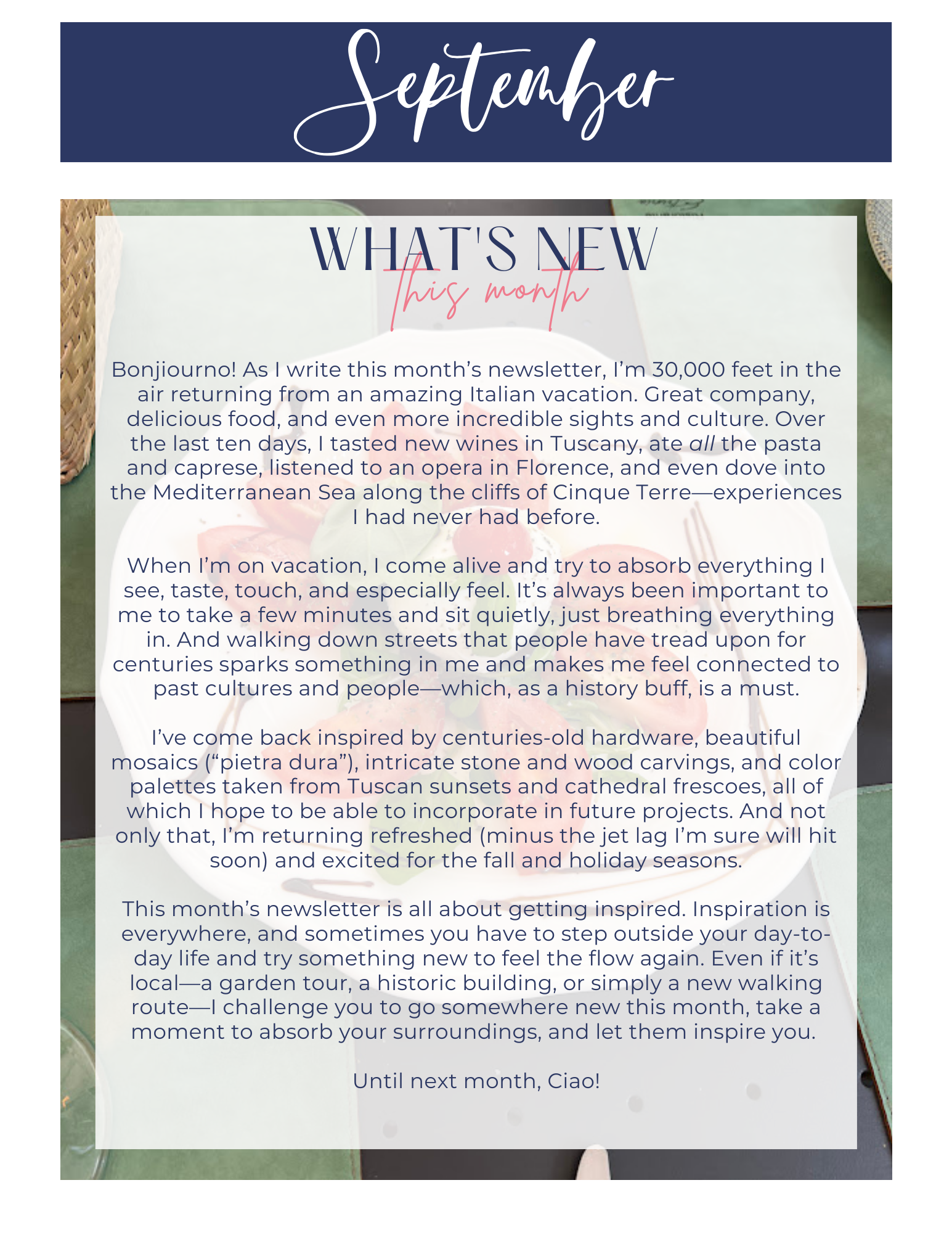 September newsletter: white text on blue background, food descriptions, text on a plate.