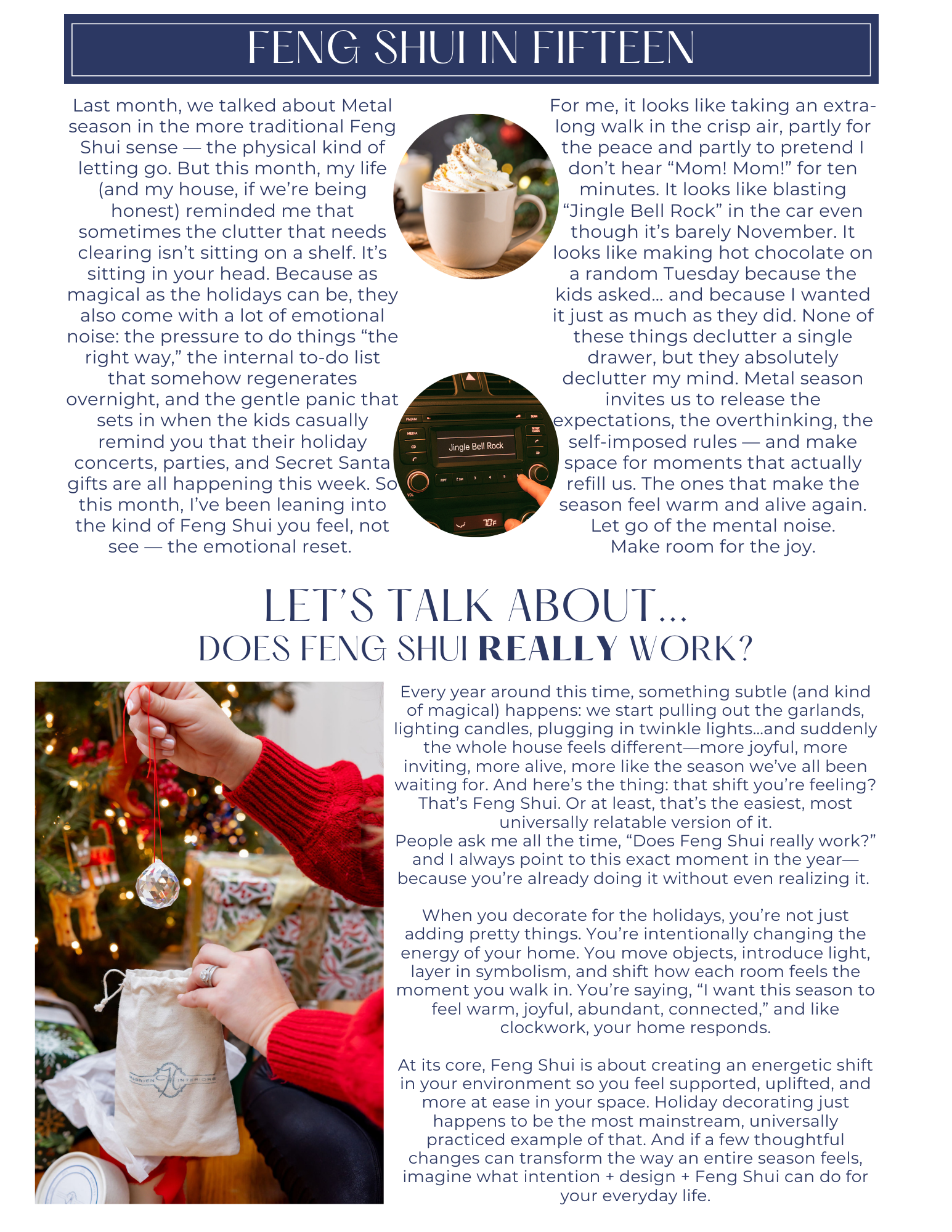 Magazine page with text and photos about holiday activities, including decorating and roasting marshmallows.