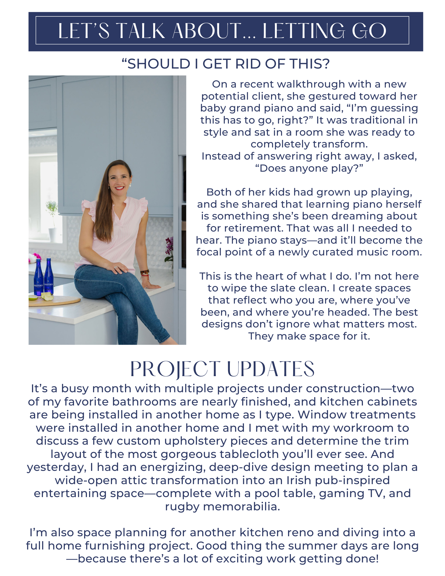 Magazine page about letting go, with a woman in a kitchen and project updates section.